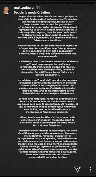 Matt Pokora n'a pas hésité à se servir de sa célébrité afin d'interpeller Emmanuel Macron. Le but ? Le faire réagir sur le statut des artistes durant cette crise.