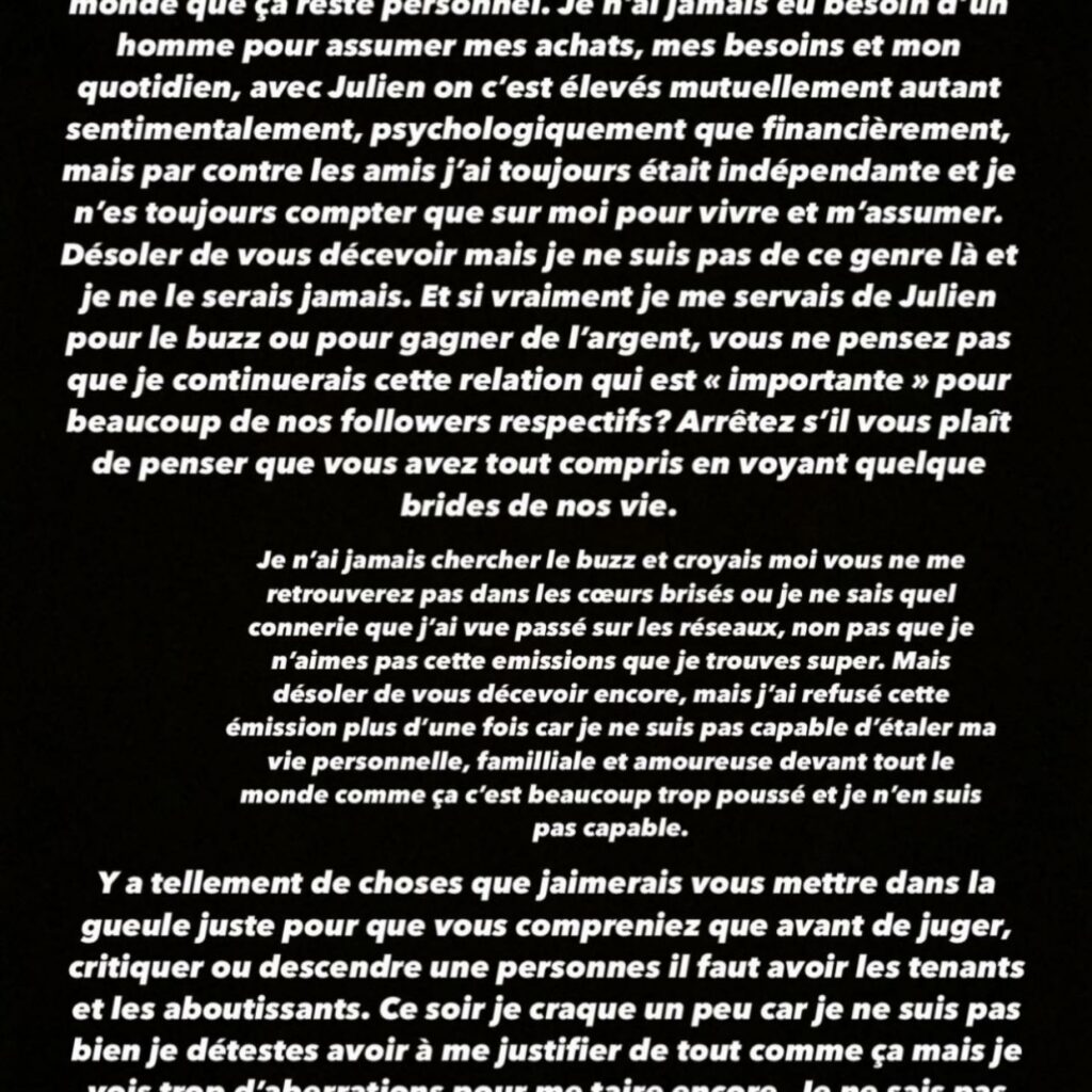 « Vous êtes des tarés ! (…) Non, ce n’est pas orchestré, désolée, on souffre vraiment ! La vie est dure ! »