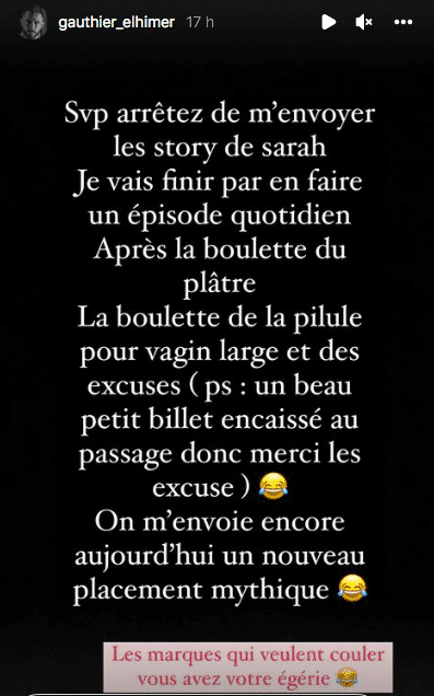 Gauthier El Himer s'en prend à Sarah Fraisou après sa promotion de gélules pour rétrécir le vagin