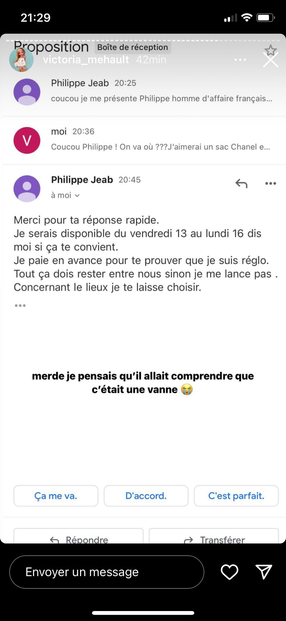 Victoria Mehault : contactée par un inconnu pour passer le week-end avec lui, elle s’exprime