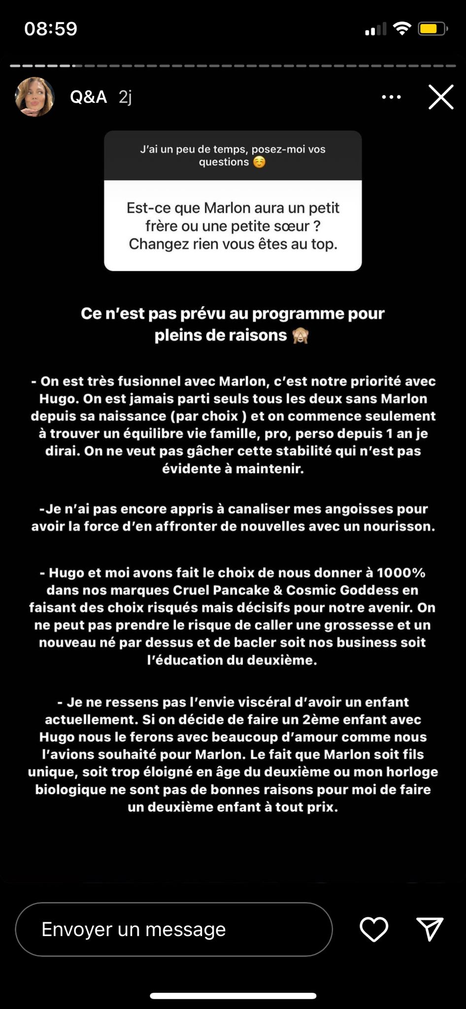 Caroline Receveur ne souhaite pas avoir de deuxième enfant. C'est en tout cas ce qu'elle a confié à ses abonnés !