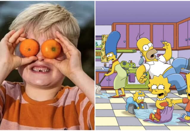À force de manger trop d'oranges, un enfant se transforme en Simpson