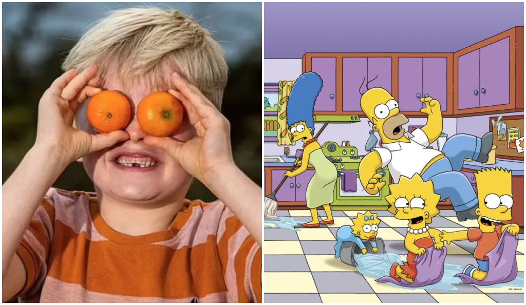 À force de manger trop d'oranges, un enfant se transforme en Simpson