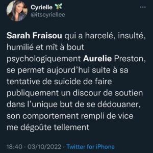 Sarah Fraisou : elle soutient Aurélie Preston qui a tenté de mettre fin à ses jours et se fait tacler