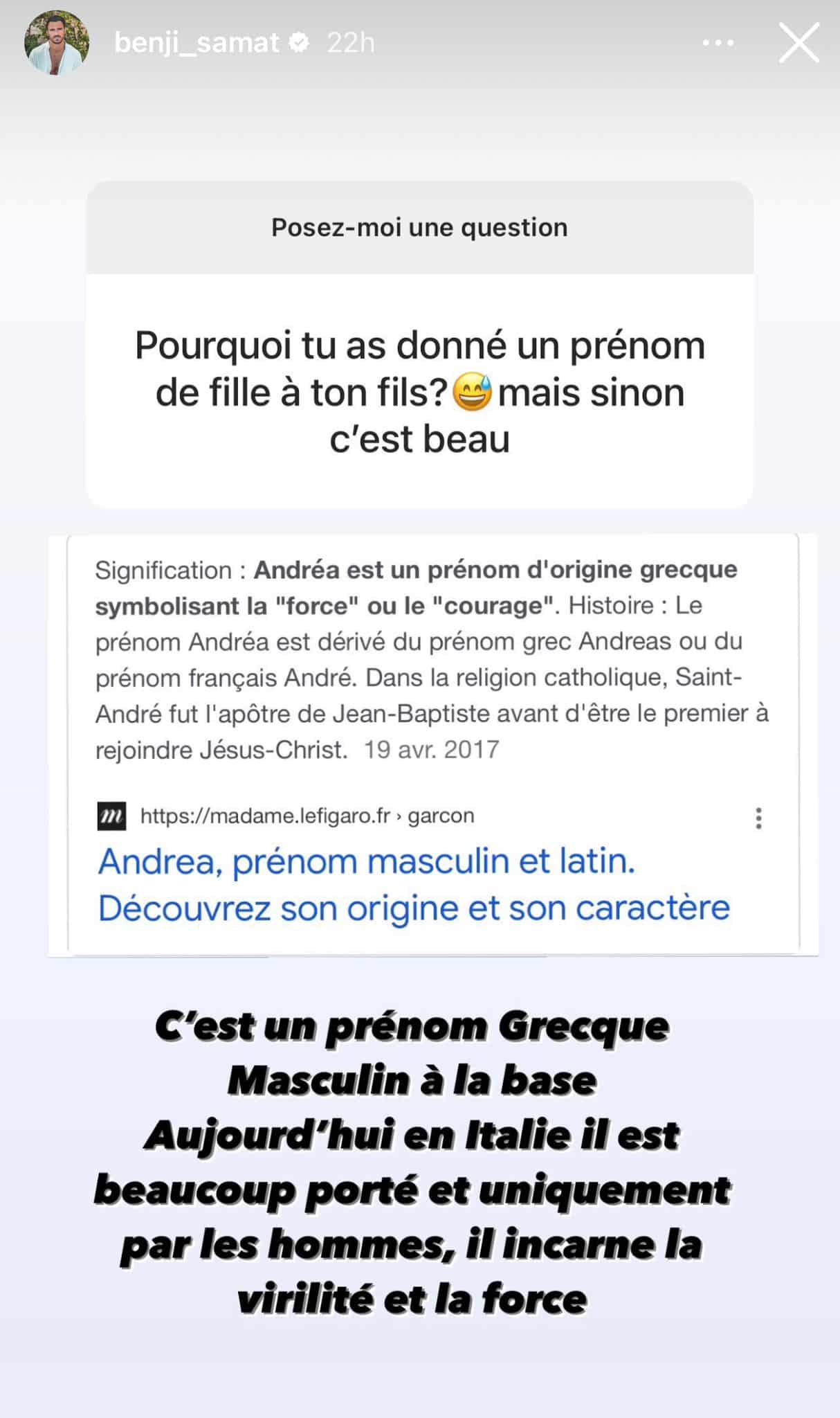 Benjamin Samat : il explique pourquoi Maddy et lui ont appelé leur fils Andrea 