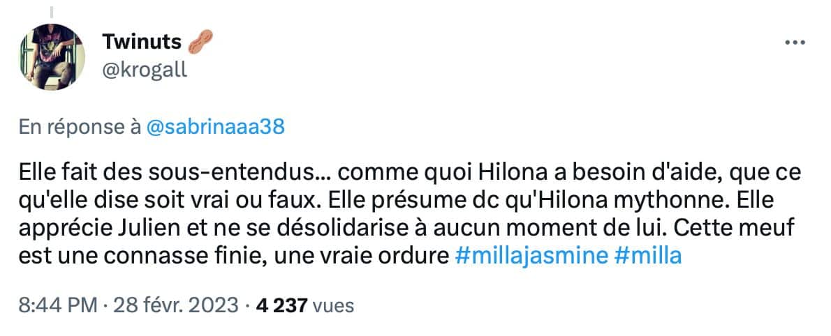 milla réagit aux accusations d'hilona face à julien 