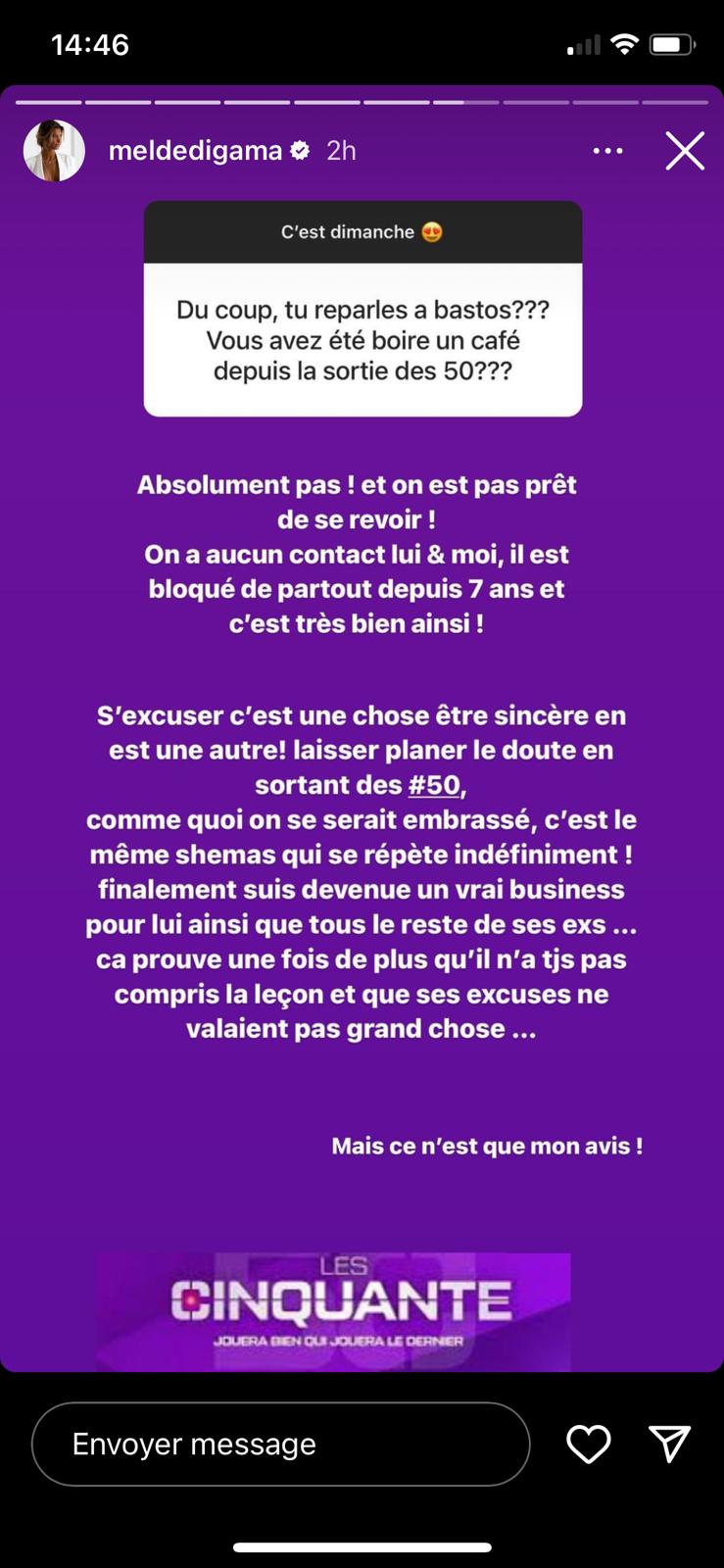 Les Cinquante : Mélanie Dedigama toujours en contact avec Bastos depuis la fin du tournage ? Elle répond