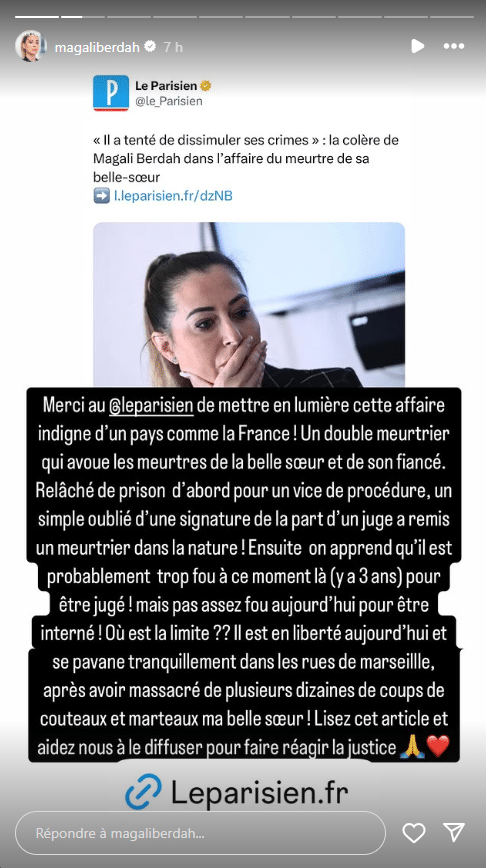 Magali Berdah : l’homme qui a ôté la vie de sa belle-soeur libéré, elle est furieuse