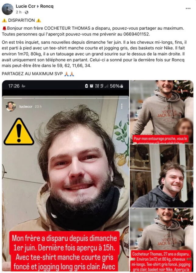 Thomas Cocheteur : disparu dans le Nord, sa sœur lance un cri d'alerte